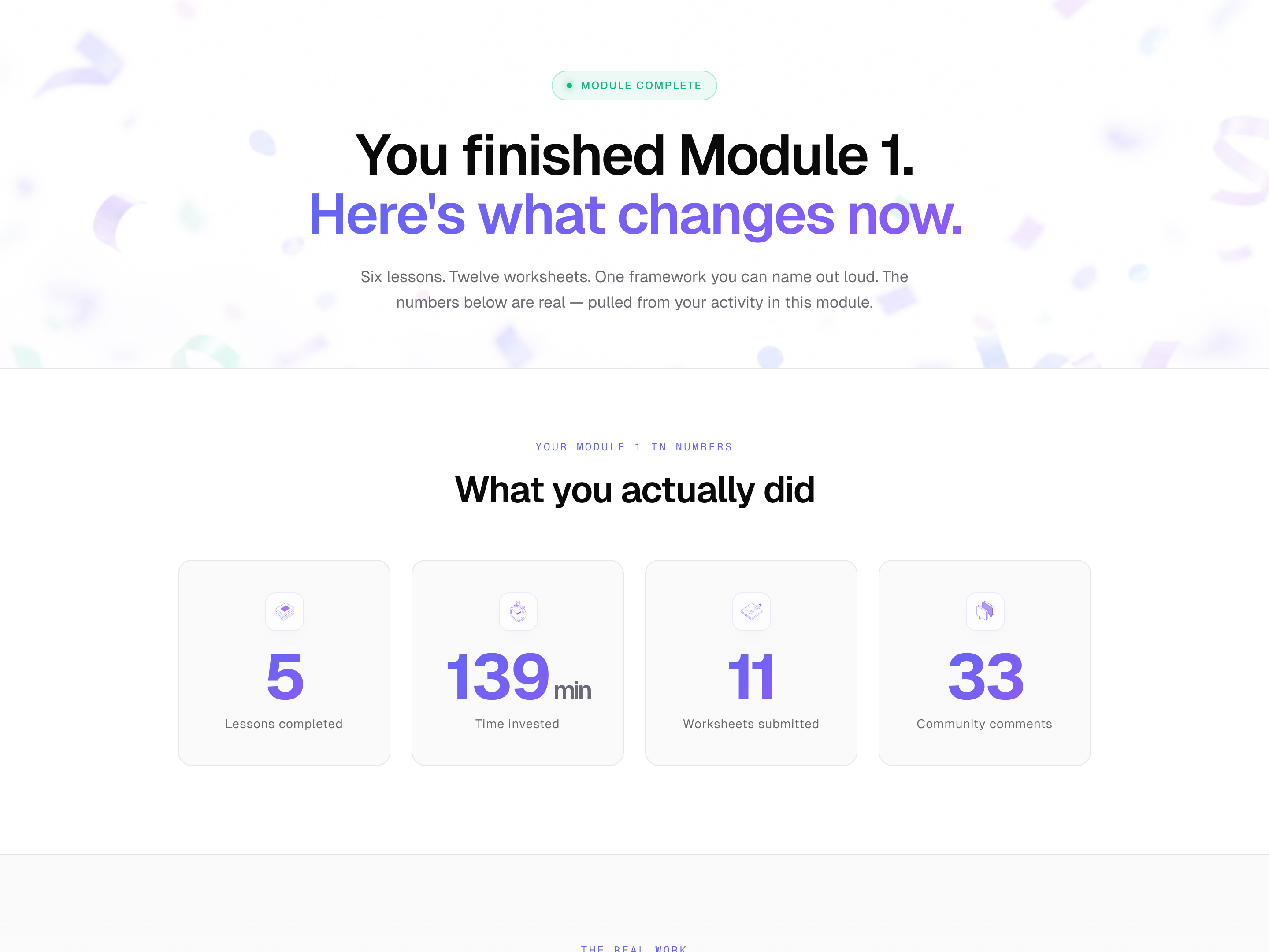 Module Complete Wrap — Odometer Stats & Particle Burst preview