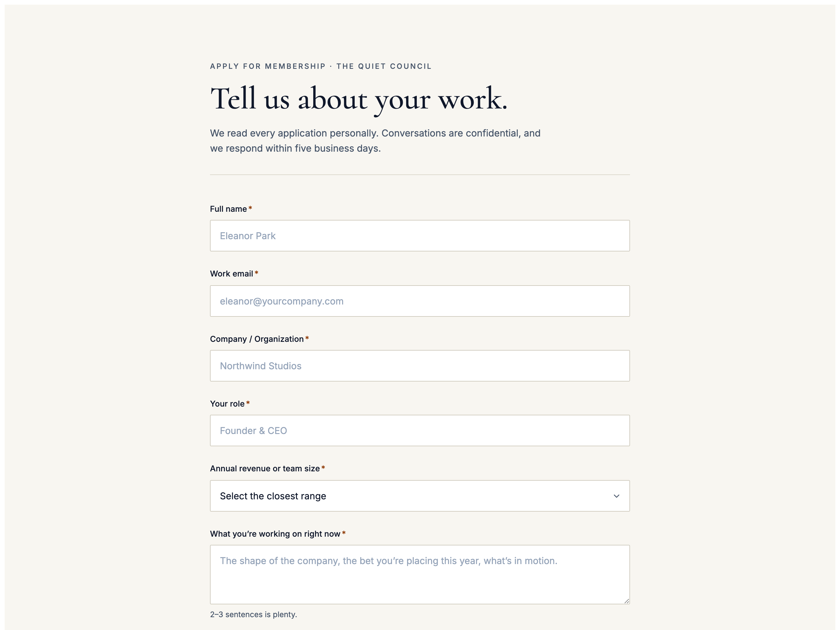 Long-Form Application — Considered Intake Block preview
