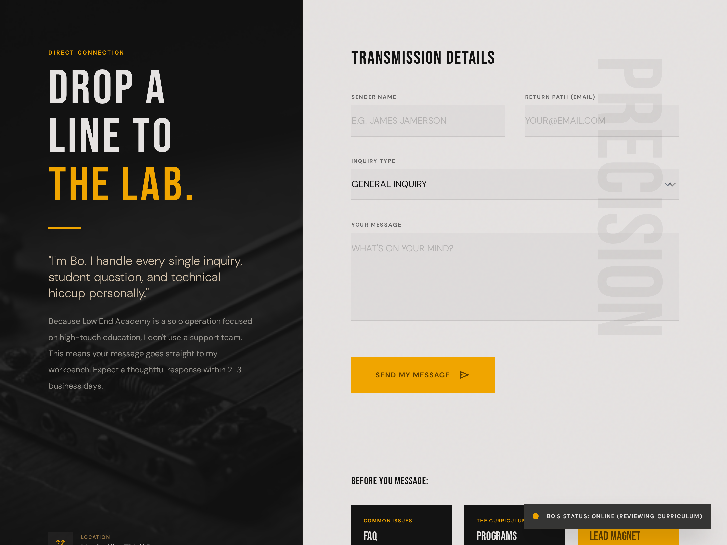 Bold Contact Page — Dark-Mode Inquiry Form preview