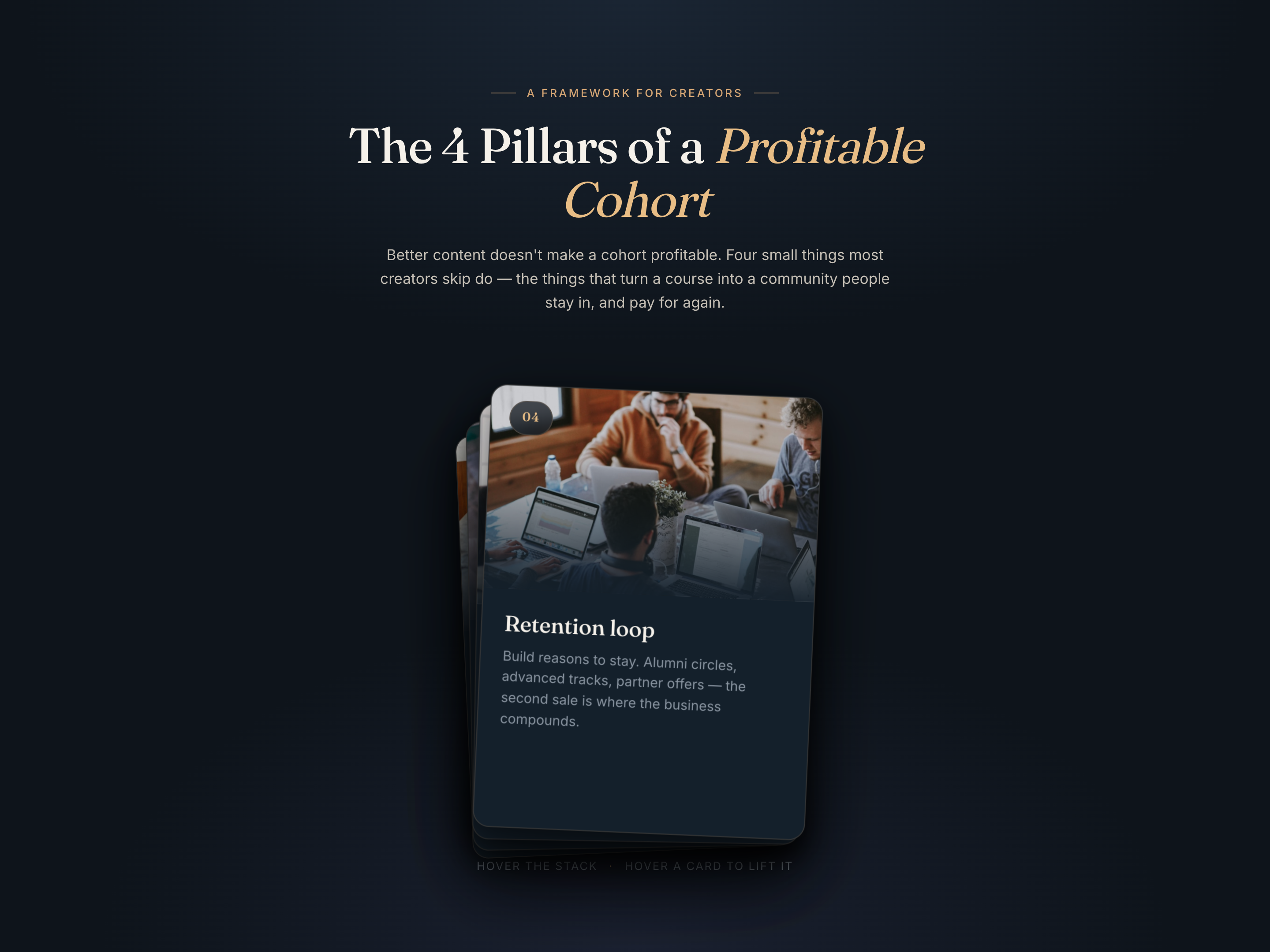 Hover-Fan Card Stack — Animated 'Four Pillars' Framework Page preview