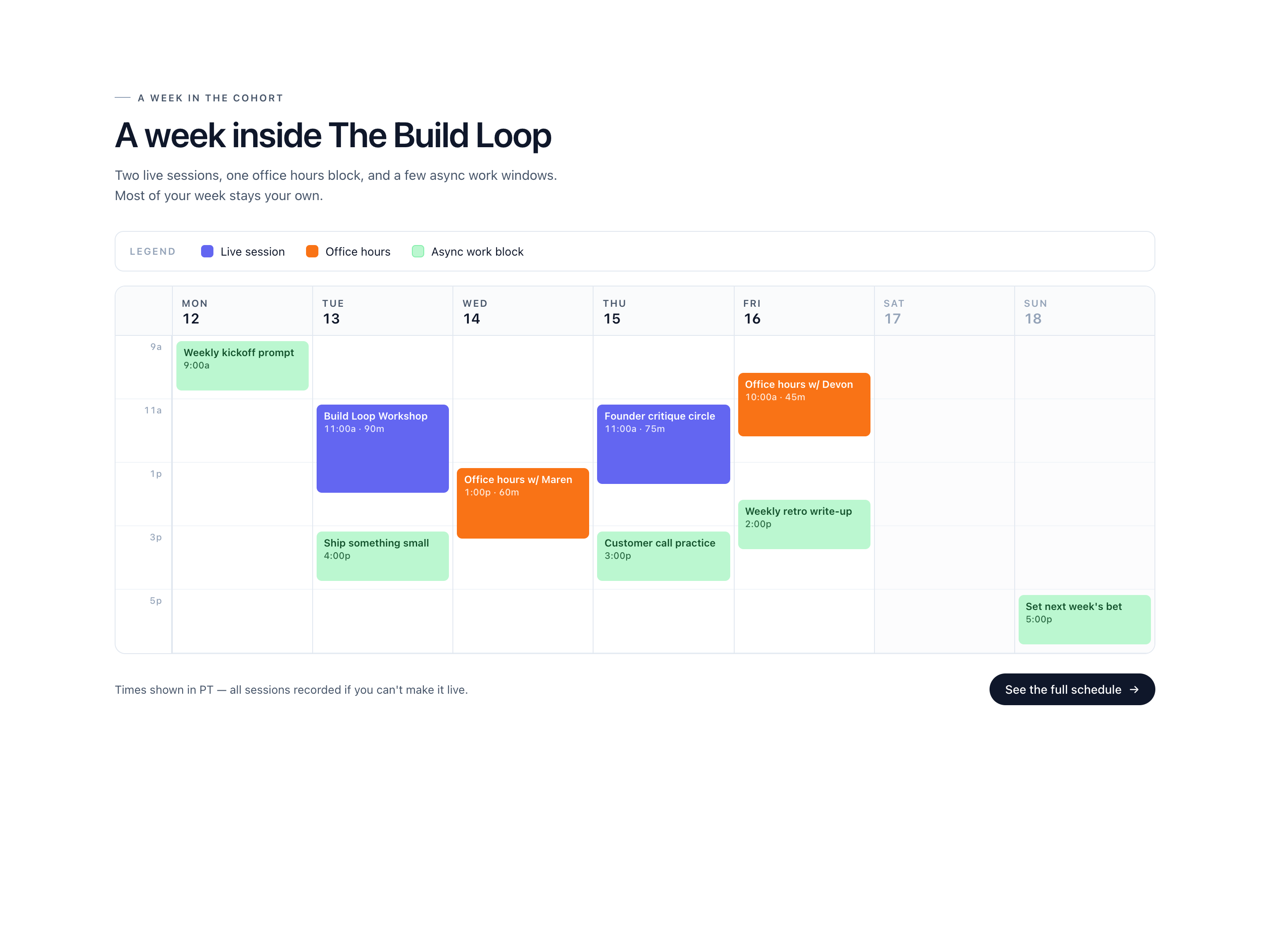 Weekly Calendar Curriculum — Cohort Cadence Block preview