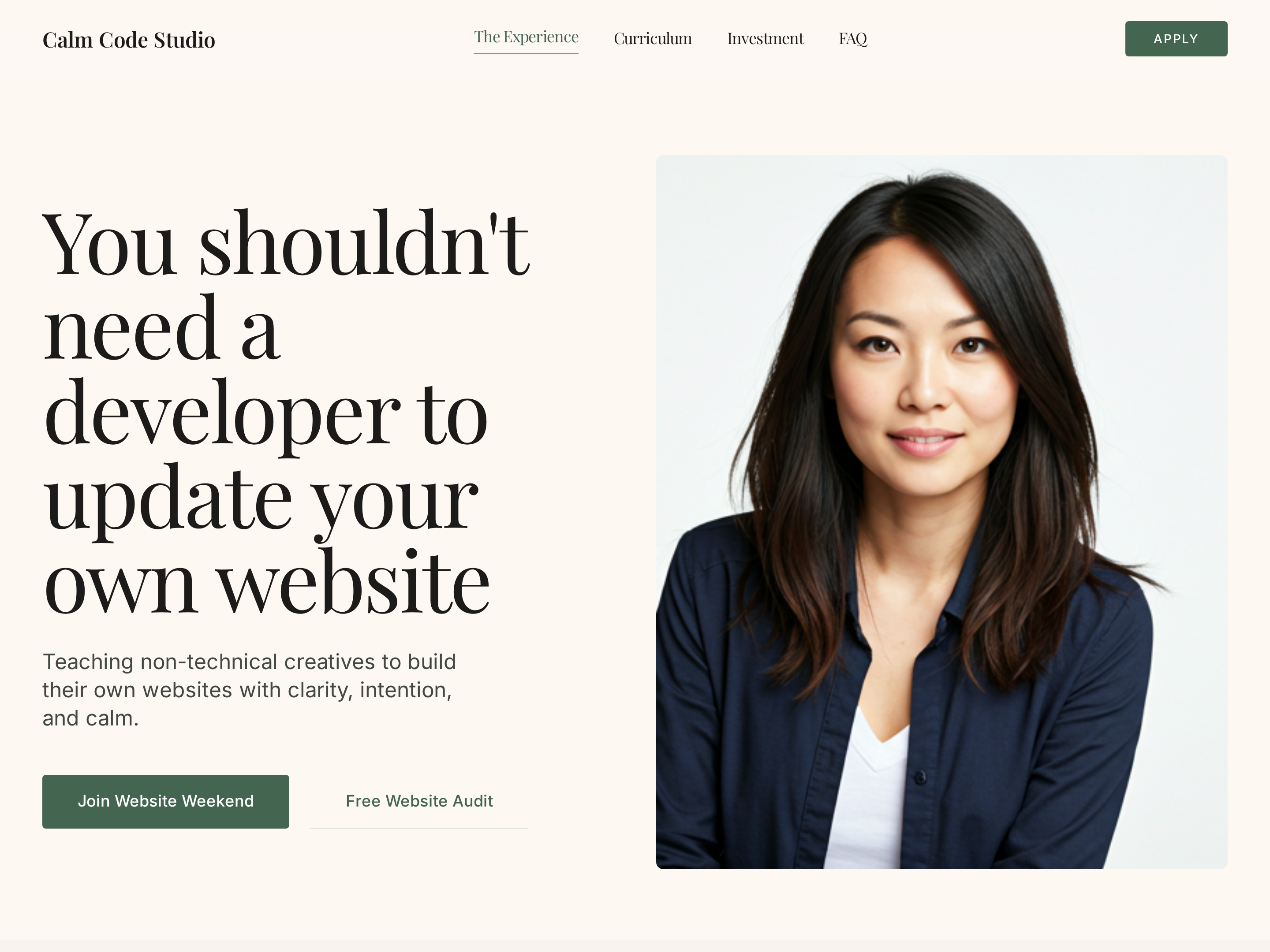 Editorial Creator Homepage — Calm Light-Mode Hero Layout preview