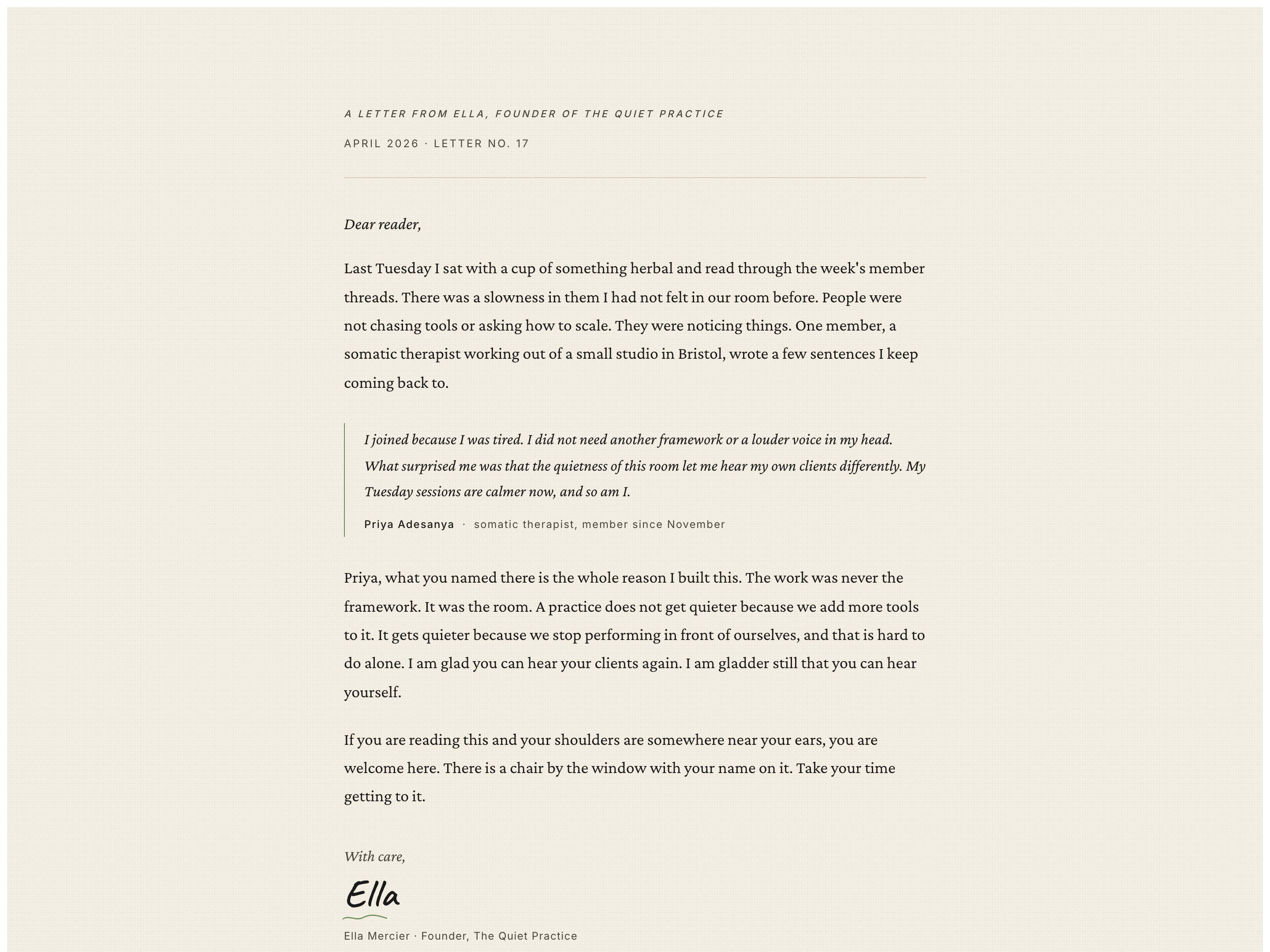 Founder Letter With Member Reply — Mid-Page Trust Block preview