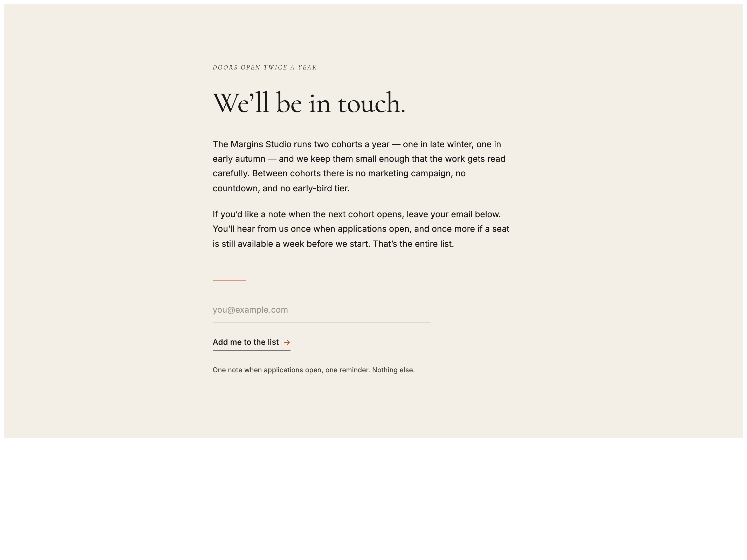 Quiet Waitlist Signup — Doors-Closed Rest State preview