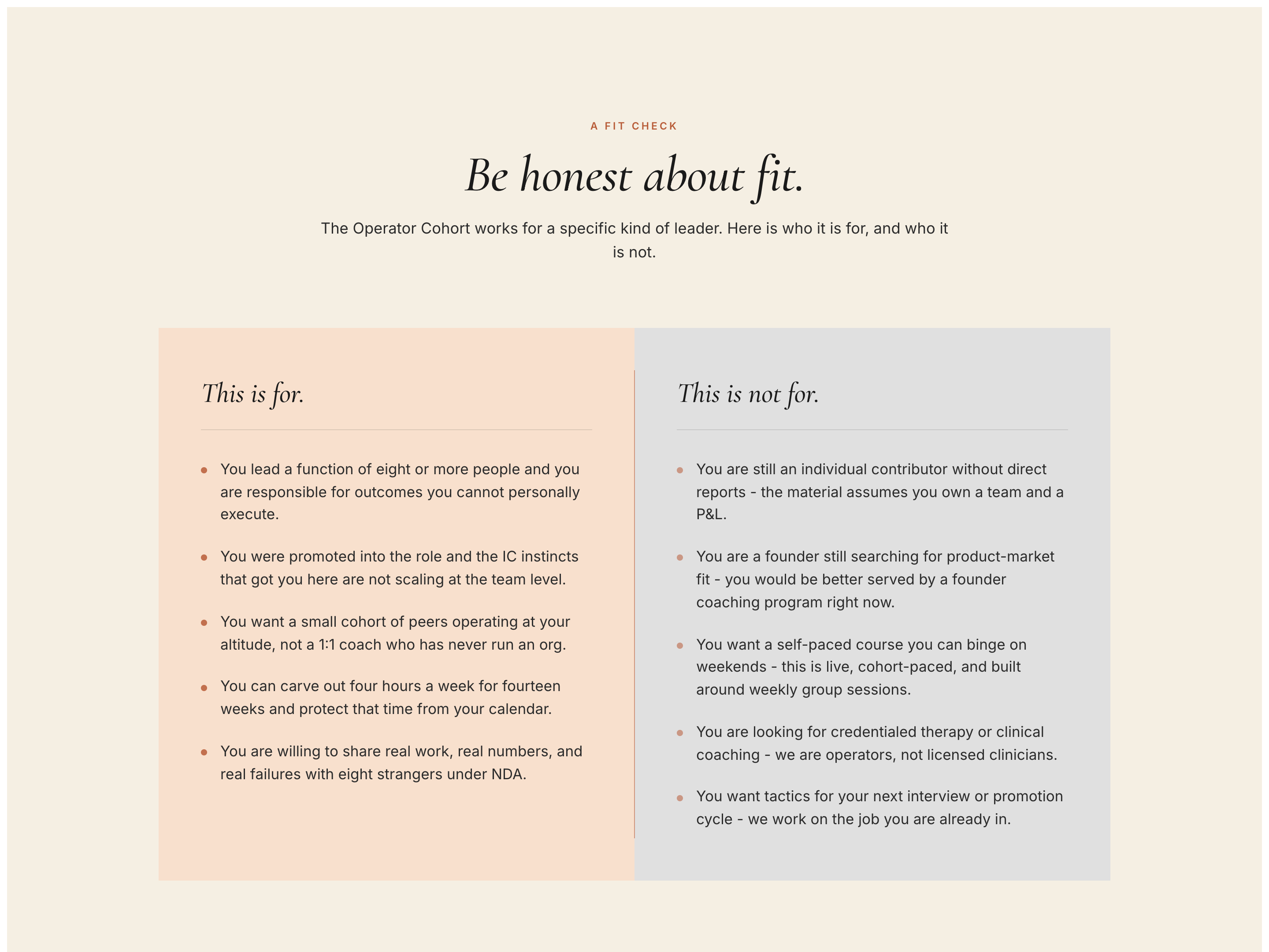 Paired Fit Vs Not-For — Mid-Page Self-Qualification Block preview