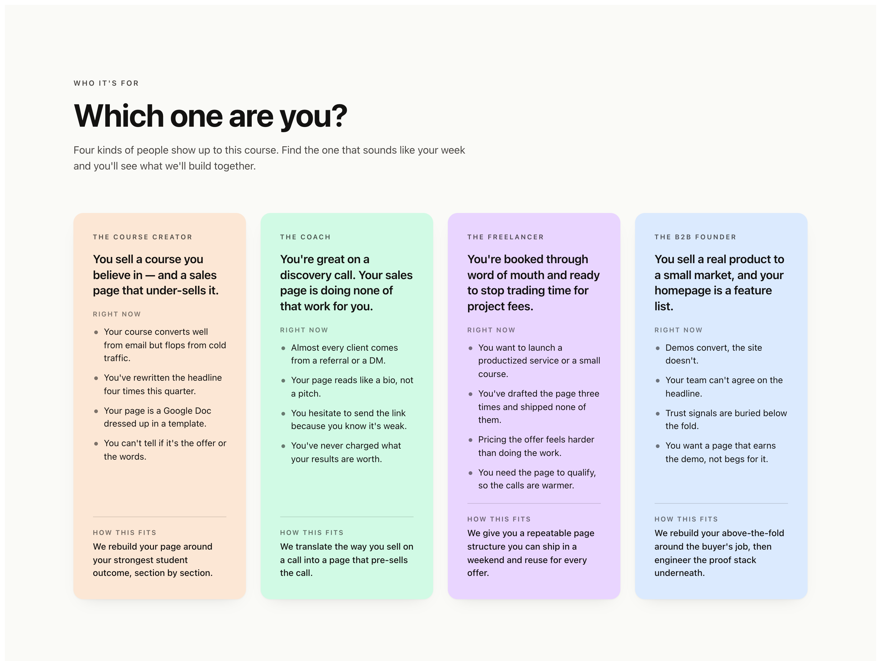 Persona Fit Cards — Mid-Page Self-Qualification Grid preview